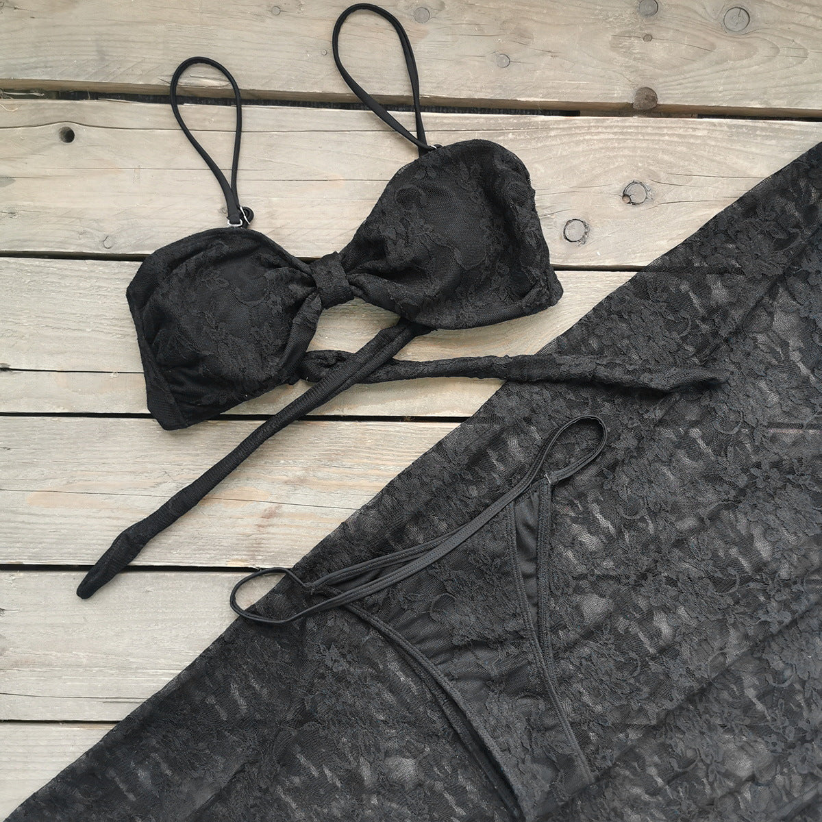 Pure Black Triangle Banded Bikini Low Waist Split Swimsuit Women Sexy Skirt Three Piece Sets Bella Mia